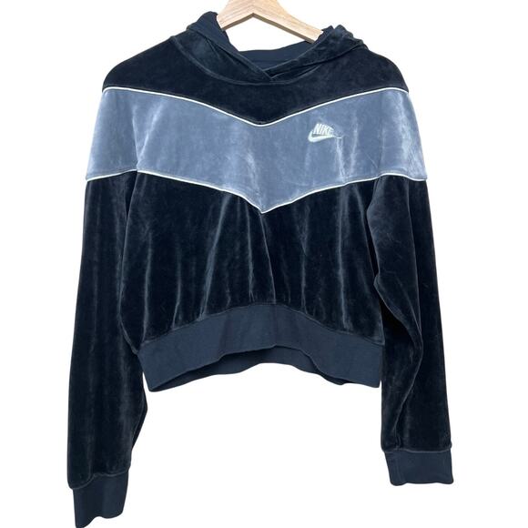 Nike Cropped Velvet Warm Retro Large Hoodie Black & Gray Women’s Sweater - Picture 1 of 7